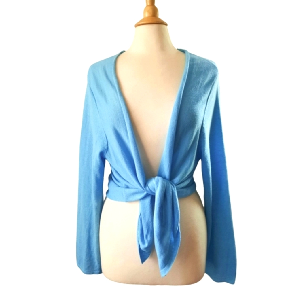 J. JILL Linen Cotton Blend Knit Open Front Long Sleeve Cardigan Sz L Turq Blue